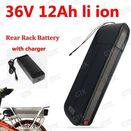 GTK 36v 12ah lithium Rear rack battery Mounted With tail light 18650 li-ion for 750w electric vehicle Scooter bike +3A Charger
