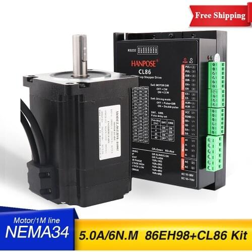 Free Shipping Nema 34 5.0A 6N.m Closed Loop Stepper Motor Kit Hybird Servo Driver CL86 + 86EH98A5001 2 Phase Stepper Motor