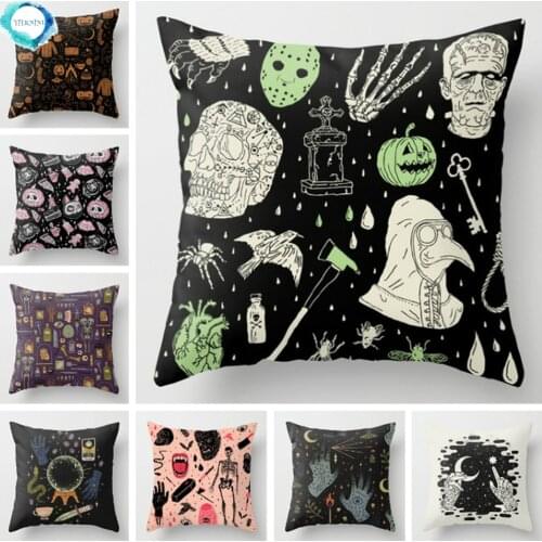 Cartoon Polyester Halloween Decorative Pillow Case Cartoon Vintage Spider Ghost Skull Black White Cushion Cover Sofa 45X45CM