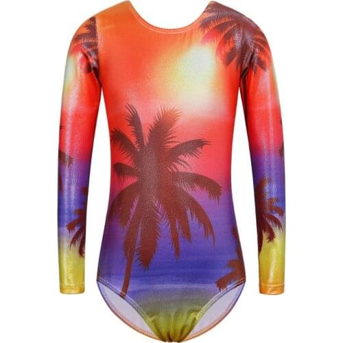 BAOHULU Girls Gymnastics Leotards Sparkle Long Sleeve Orange Color Print Athletic Clothes Teens One Piece Ballet Dance Outfit
