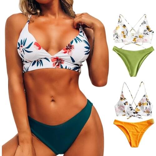 Two-Pieces Women Floral 2021 Push-Up Bra Bikini Set Swimsuit Swimwear Bathing Suit Beachwear Biquini Women Split Female Swimwear
