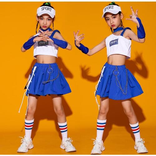 Modern Kids Jazz Dance Costume Girls Performance Suit Crop Tops Skirt Blue Street Hip Hop Clothes Cheerleader Show Wear BL6206