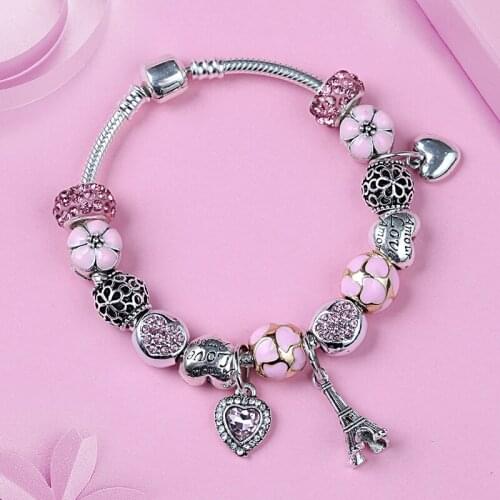Leabyl Cute ink Crystal Enamel Heart Diy Charm Bracelet Silver Color Eiffel Tower Women Bead Bracelet Jewelry Femme
