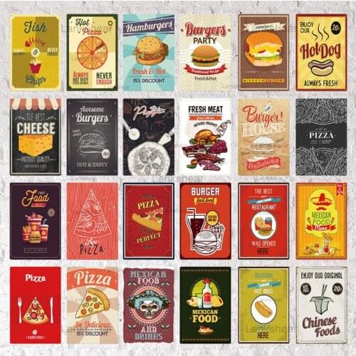 Lankshear Retro Tin Sign Fast Food Metal Plate Vintage Hamburger Pizza Plaque Pizzeria Kitchen Restaurant Dinning Room Decor