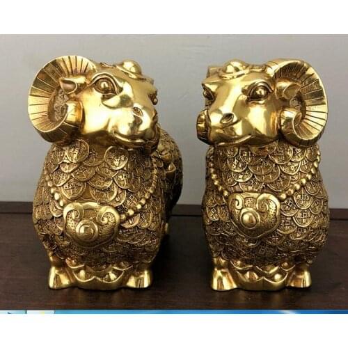 Metal crafts Home Decoration 1 Pair Of Chinese brass Carved Coin sheep Sculpture, Feng Shui Goats Statue