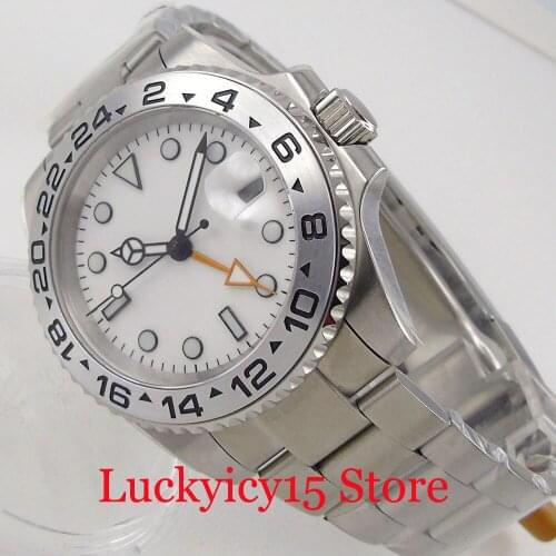 BLIGER 40mm White Nologo GMT Mechanical Men Watch Sapphire Crystal Brushed Oyster Band Screwdown Crown Solid Back Date Display