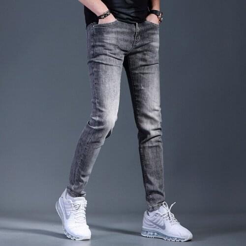 Summer Korean Style Men Gray Jeans Casual Slim Fit Pencil Pants Streetwear Denim Trousers