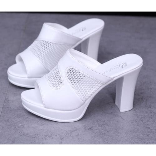 Ladies Leather Sole Slippers Women Sexy High Heel Mules Clogs Black Peep Toe Platform Mules Slip on Sandals Shoes Size 34-41