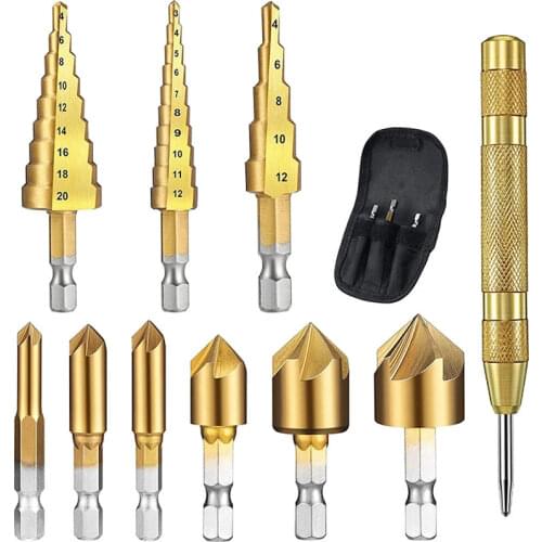 10Pcs Step Drill Bit Set 1/4 Inch Hex Shank 5 Flute Countersink Drill Bit Set with Automatic Center Punch
