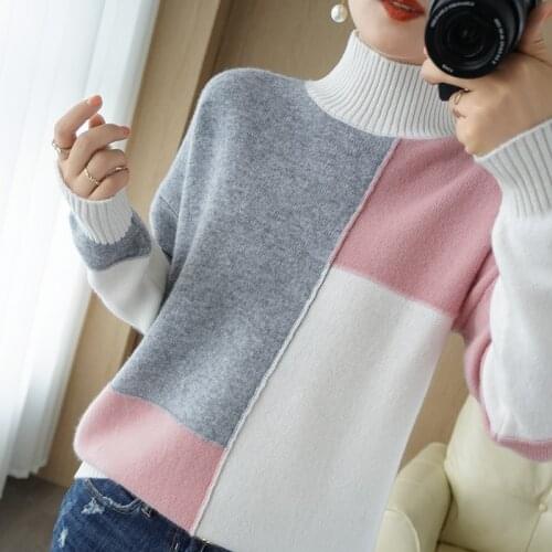 New Cashmere Sweater Womens High-Neck Color Matching 100% Pure Wool Pullover Fashion Plus Size Warm Knitted Bottoming Shir
