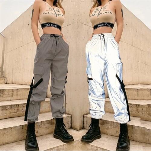 2020 Autumn New Women Fashion High Waist Reflective Lace Up Tooling Urban Casual Pants Female Street Style Loose Ladies Overalls