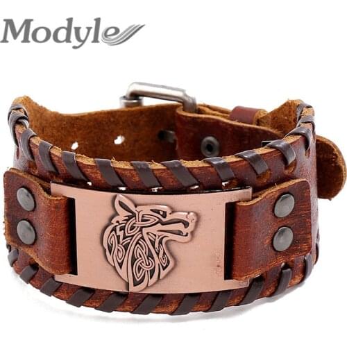 Modyle New Viking Animal Wolf Punk Vintage Wrap Metal Leather Bracelet Amulet Adjustable Cuff Bracelet Vintage Jewelry Men