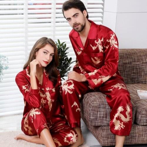 Matching pajamas imitation silk new long-sleeved suit Mens and womens silk printed dragon and phoenix home clothes with lapels