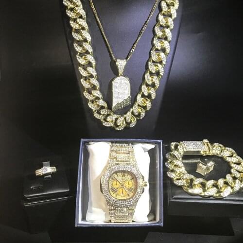 Luxury Man Watch & Necklace & Pendent &Braclete & Ring & Earrings Combo Watch Set Hip Hop Ice Out Cuban Crystal Miami For Men