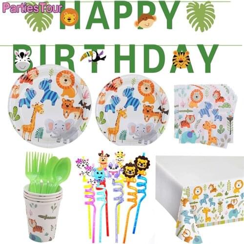 Happy Birthday Jungle Animal Banner Tableware Cups Plate Straw Tablecolth Birthday Party Decorations Kids Baby Shower Supplies