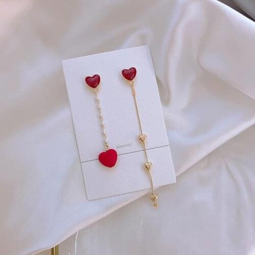 Timlee E216 European And American New Personality Red Heart Asymmetry Alloy Dangle Earrings, Popular Jewelry Wholesale
