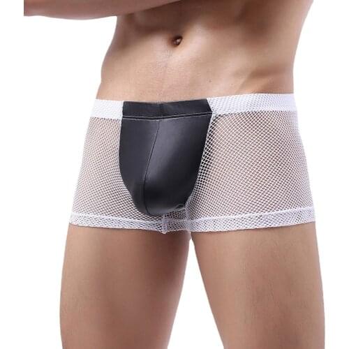 Mesh Leather Boxer Shorts Men Underwear Sexy Breathable Underpants Male Low Waist Boxershort Man Panties Unterwasche A30