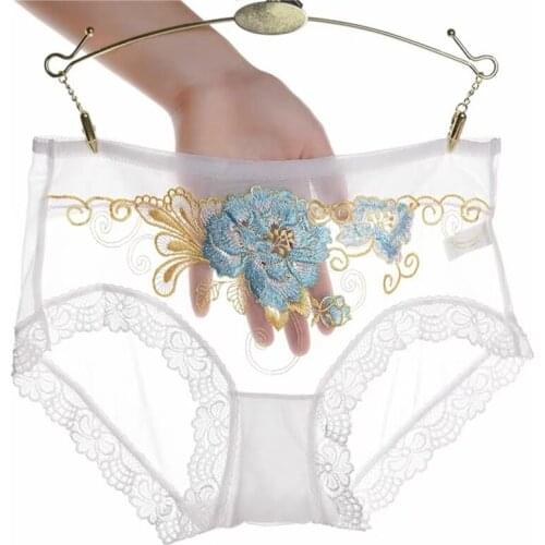Sexy Lace Panties Women Seamless Embroidery Ladies Mesh Mid-waist Briefs Thin Section Breathable Large Size