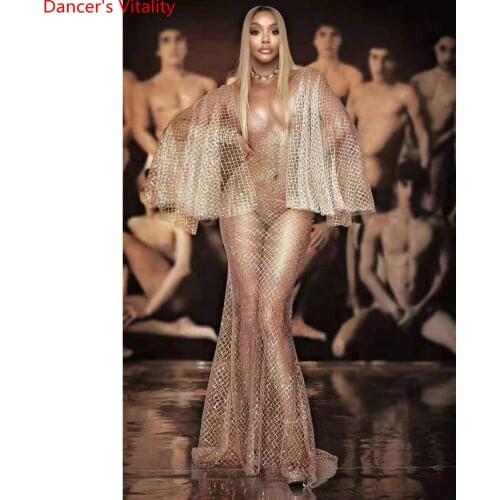 Host Singer DJ DS Pole Jazz Dance Sequin Sexy Perspective Stretch Slim Fit Long Dress Stage Wear Performance Costume Clothes
