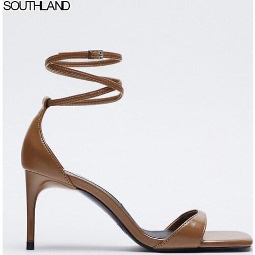 SOUTHLAND ZA Syle TRF Women Sandals One Stap In Font Square Toe Back Cover Heels High Thin Heels Shoes Women
