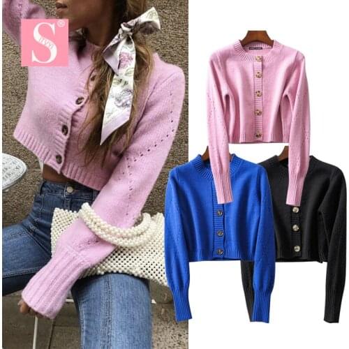 STVY 2019 European Fashion Sexy Short Cardigan Women Long Sleeve Knitting Hollow Out Sweater Female Sweater Outerwear Tops