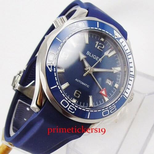 2 type bezel bliger 41mm GMT function date indicator blue rubber hand automatic mens watch