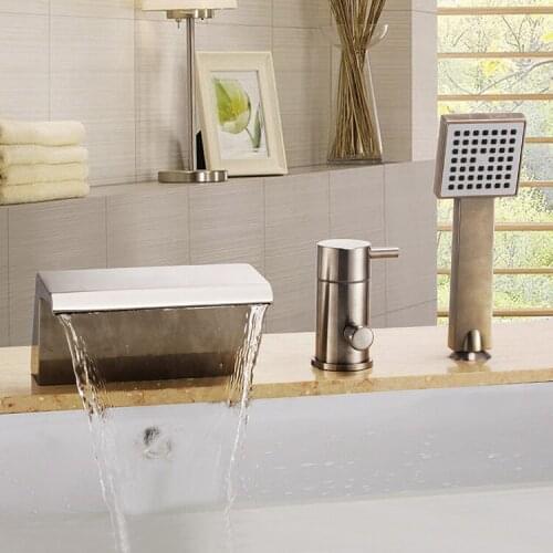 Free ship Brushed Nickel 3 Pcs widespread Waterfall Bathroom Bath Roman Tub shower faucet