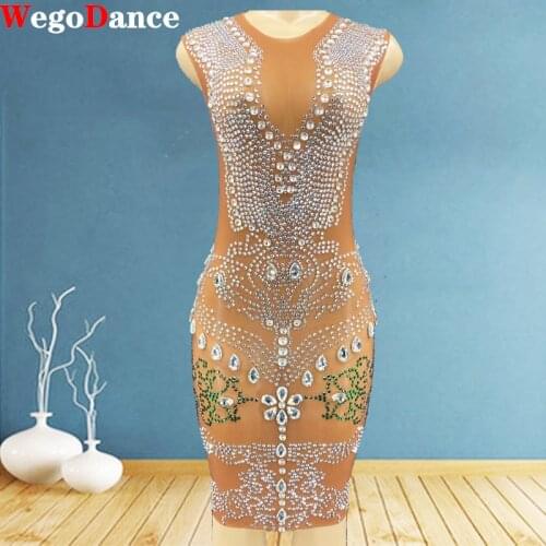 Shining Silver Crystals Transparent Birthday See Through Sexy Rhinestones Chain Outfit Women Singer Evening Dress
