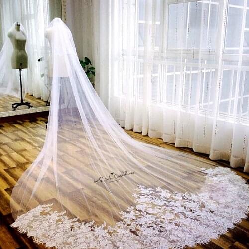 Cathedral Wedding Veil One Layer Lace Edge Long Bridal Veil 3 Meters Veu De Noiva 3 Metros Luxury Bride Mantilla Veil