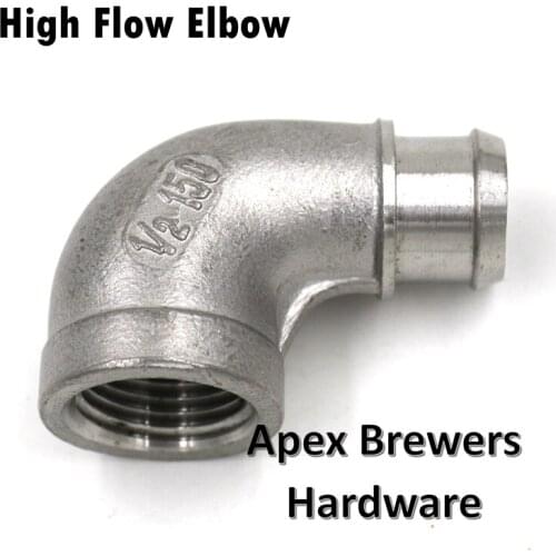 High Flow Street Elbow, 5/8" O.D. x 1/2" I.D. Barb, Brewer Hardware, Homebrew Fitting
