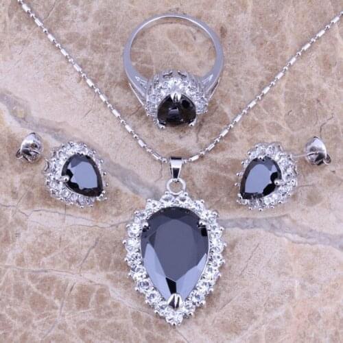 Black Cubic Zirconia White CZ Silver Plated Jewelry Sets Earrings Pendant Ring Size 6 / 7 / 8 / 9 / 10 S0097