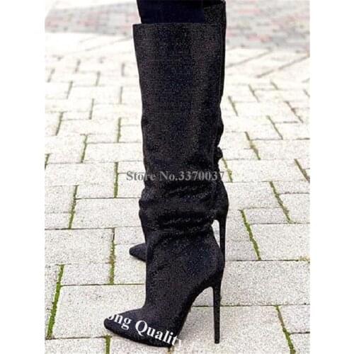 Hot Selling Women Fashion Pointed Toe Black Bling Bling Rhinestone Knee High Boots Black Crystal Long Stiletto High Heel Boots