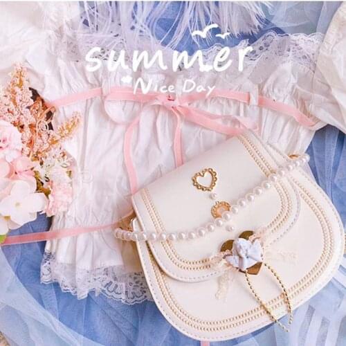 Lolita Sweet Heart Shaped Cross Body Bag Retro Gothic Lolita Handbag Pearl Chain Jellyfish Bag JK Cosplay Bag