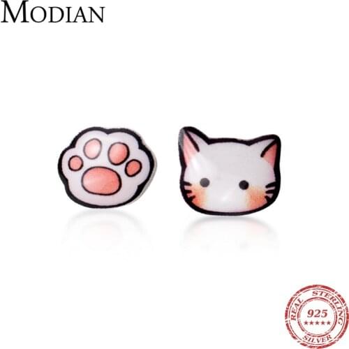 MODIAN Lovely Cat Face and Paw Ear Pin for Women Genuine 925 Sterling Silver Animal Stud Earring Fashion Fine Jewelry 2020 New