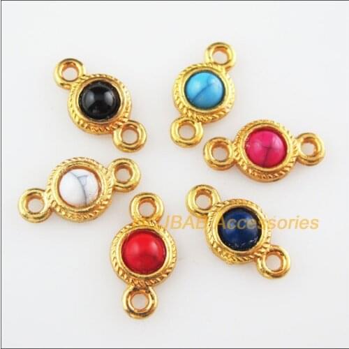 Fashion 24Pcs Gold Color Round Mixed Stone Charms Pendant Connectors 8.5x16mm