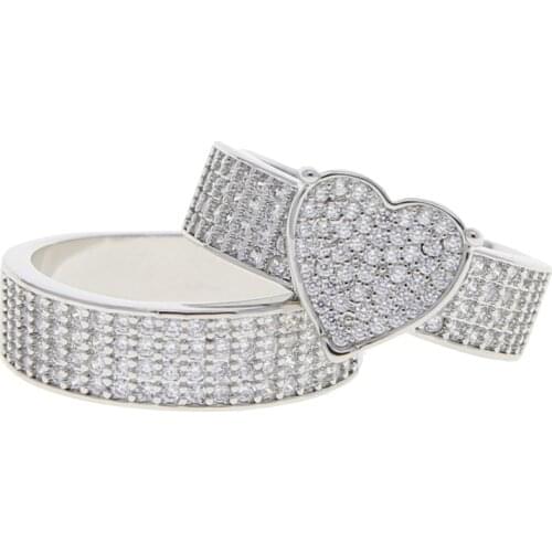 Fashion Couple Rings Women Heart White Crystal Cz Paved Rings Set 5A zircon Silver color Ring Wedding Engagement Band Ring