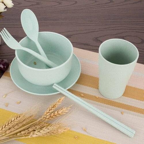 6PCS Broken-resistant Wheat Straw Bowl Spoon Set Tableware for Baby Kids Portable Cutlery Cubiertos Set