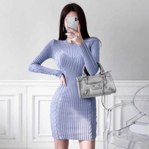 New arrival fashion spring autumn solid knitting mini dress women elegant temperament office lady wild basic bodycon dress