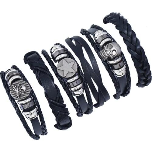 New Casual 6 Pcs/set Woven Wrap Alloy Skull Head Pirate Star Charm Women Leather Bracelets Men Homme Femme Male Gift Jewelry