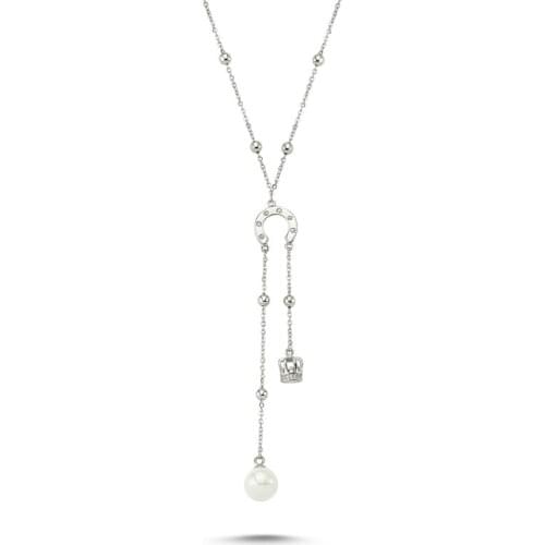 Silver 925 Sterling Pearl & Zircon Crystal Crown Necklace (70cm)