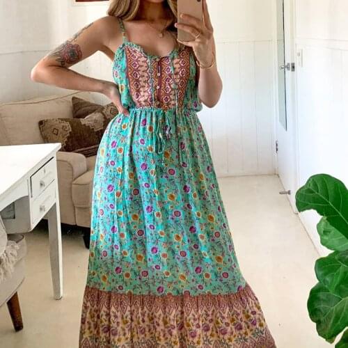 Jastie Summer Sleeveless Women Strappy Dress Ruffle Neck Button Drawstring Tie Waist Midi Dresses Boho Floral Pint Beach Dress