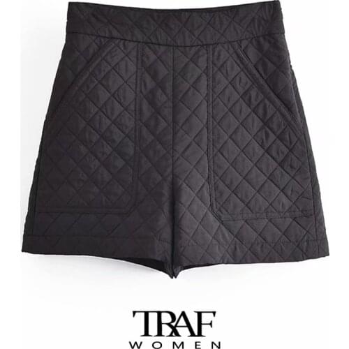 TRAF Za Women Fashion With Pockets Thin Padded Shorts Vintage High Waist Side Zipper Female Short Pants Mujer
