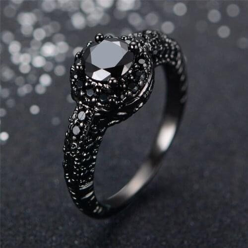 Punk Male Female Black Stone Ring Vintage 14KT Black Gold Wedding Rings For Women Men Promise Round Engagement Ring