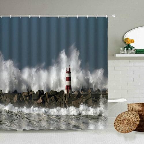 Navy Lighthouse Shower Curtain Sea Sunset Natural Scenery Bathroom Waterproof Polyester Curtains Home Decoration With Hook Set
