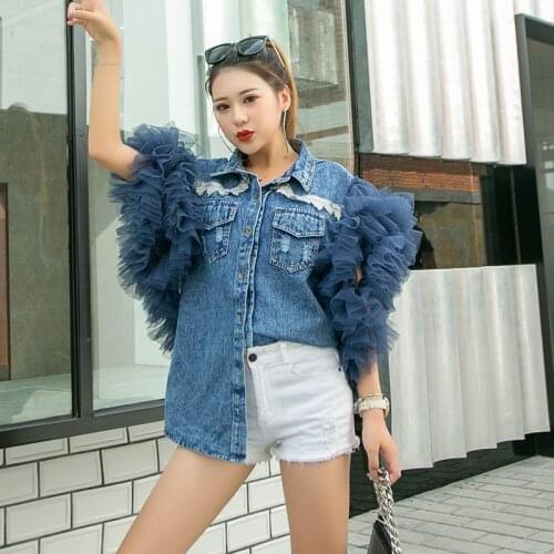 Vintage Net Yarn Sleeve Patchwork Mid-length Hole Denim Jacket Spring Summer 2021 Women Short Sleeve Casual Streetwear Fashion