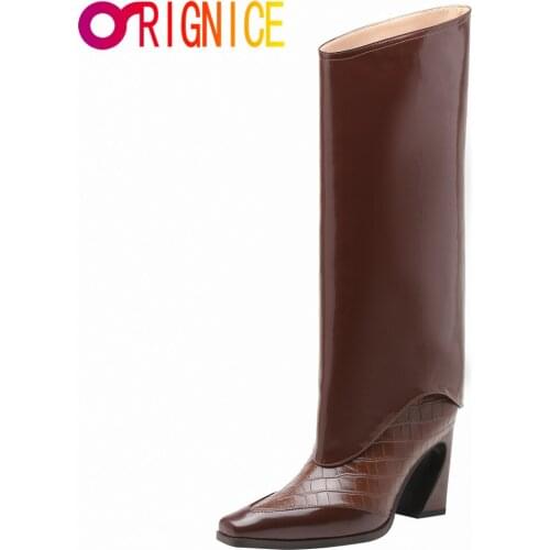 Orignice New Women Strange Heels Black Beige Fold Knee High Heel Boots Fashion Square Toe Brand Designer Shoes Big Size 34-42