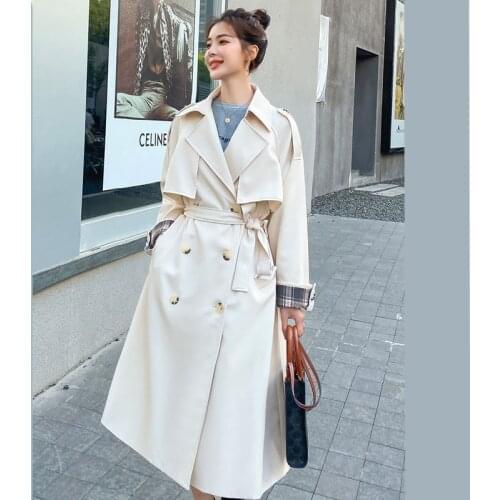 Mid-length Korean Women Loose Casual Trench Coat Elegant Lapel Long Sleeve Autumn 2021 Double Breasted Beige Black Windbreaker