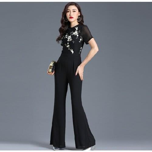 2020 Summer Jumpsuit for Women High Street Chiffon Floral Elegant Evening Party Black Boot Cut Rompers Plus Size 2XL 3XL 4XL