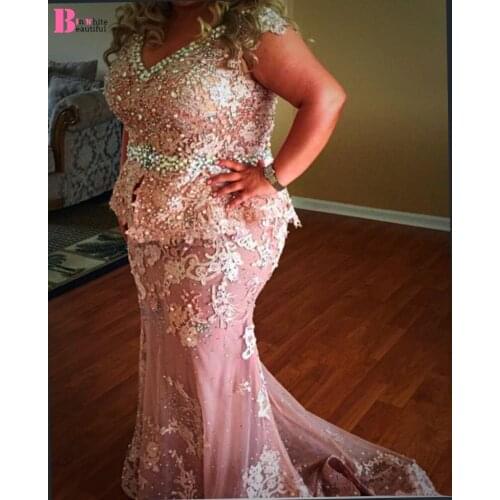 Beautifulinwhite Elegant 2019 Mother Of The Bride Dresses Pink Plus Size Mermaid V Neck Lace Beads Mother Dresses BM003
