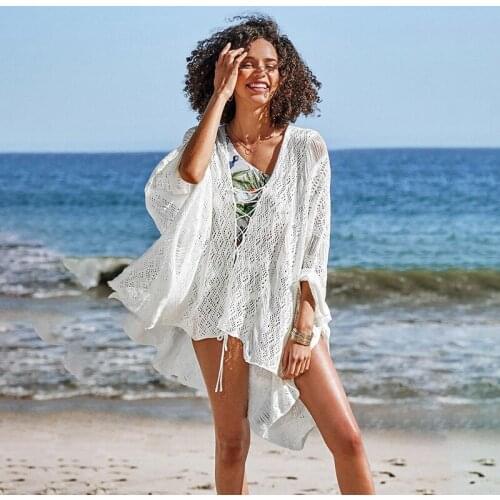 2021 Bathing Suit Cover Ups Beachwear Loose Swimwear Dress Hollow Out Beach Cover Up Swimsuit Kaftan Sexy Lace Up Cape White